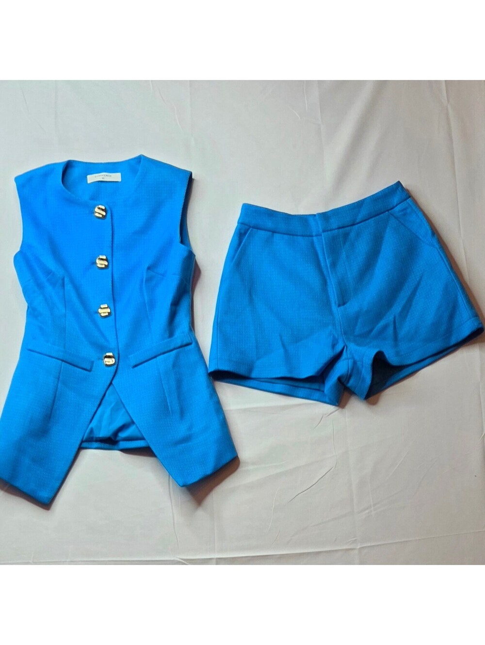 Commense Bright Blue 2 Piece Vest and Shorts Set Tailored Silver Button XS NWOT